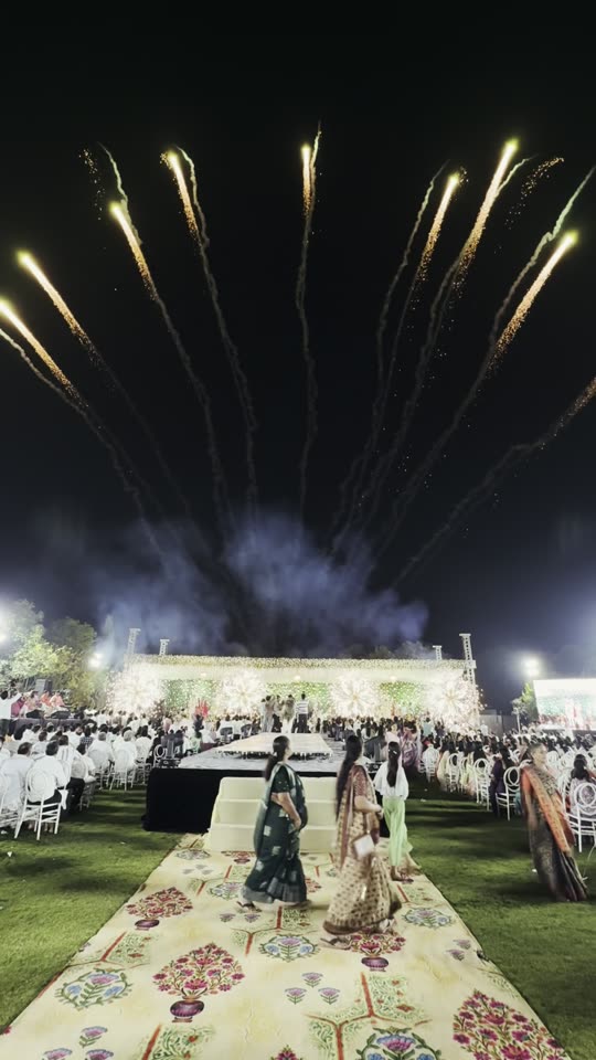 Fireworks over a palace wedding stage
